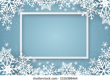 Christmas and happy new year blue vector background with snowflake, celebration concept, paper art design