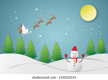 Christmas and happy new year blue vector background with snowman, celebration concept, paper art design