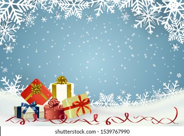Christmas and happy new year blue vector background with gifts in winter season