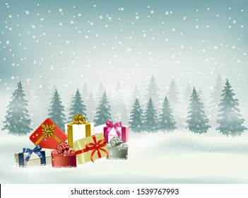 Christmas and happy new year blue vector background with gifts in winter season