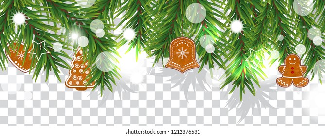 Christmas and happy New Year border of Christmas tree branches with cookies on transparent background. Holidays decoration. Vector illustration.