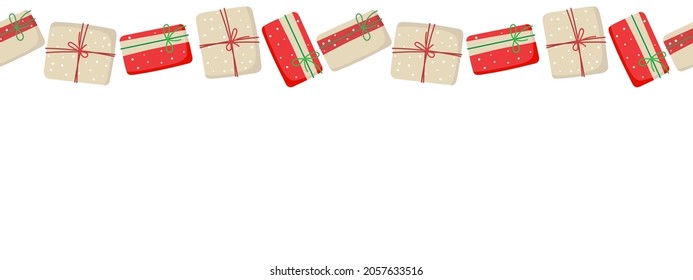 Christmas or Happy New Year border with copy space. Seamless frame with gift boxes. Christmas decorative frame of festive elements. Top view on white background. Flat vector isolated illustration.