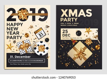 Christmas and Happy New Year Brochure Design Layout Template in A4 size with golden ornaments, gift boxes and snowflakes on dark background. Abstract Modern Backgrounds, Party poster. Vector
