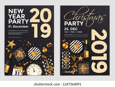 Christmas and Happy New Year Brochure Design Layout Template in A4 size with golden ornaments, gift boxes and snowflakes on dark background. Abstract Modern Backgrounds, Party poster. Vector