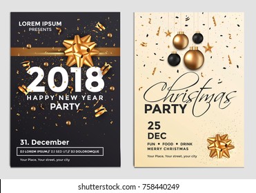 Christmas and Happy New Year Brochure Design Layout Template in A4 size with golden ornaments, gift boxes and snowflakes on dark backgroun. Abstract Modern Backgrounds, Party poster. Vector