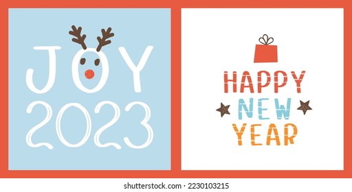 Christmas and Happy New Year cad with hand written fonts, reindeer cartoon, gift box, and stars on blue and white backgrounds vector illustration.