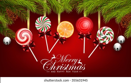 Christmas And Happy New Year with candy and fir tree.vector