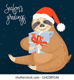 Christmas and Happy New Year card with sloth. Cute lazy sloth with gift. Animal wearing Santa hat. Vector illustration.