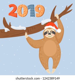 Christmas and Happy New Year card with sloth bear. Lazy sloth hanging on the branch. Vector illustration.