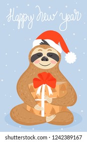 Christmas and Happy New Year card with sloth. Cute lazy sloth with gift. Animal wearing Santa hat. Vector illustration.