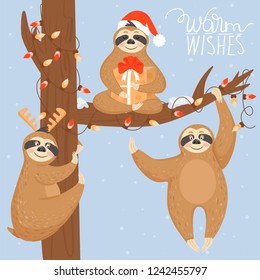 Christmas and Happy New Year card with sloth bears. Lazy sloths hanging on the tree. Vector illustration.