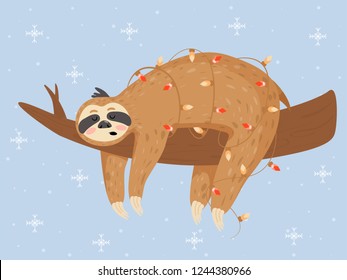 Christmas and Happy New Year card with sloth. Cute lazy sloth sleeping on a branch. Vector illustration.