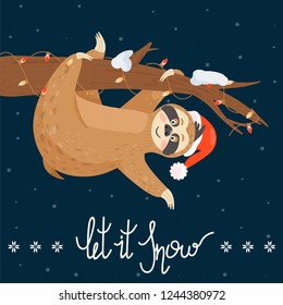 Christmas and Happy New Year card with sloth. Cute lazy sloth hanging on a branch. Vector illustration.