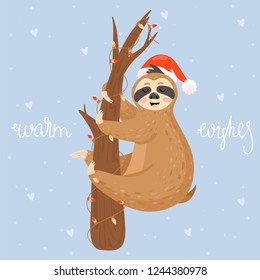 Christmas and Happy New Year card with sloth. Cute lazy sloth hanging on a branch. Vector illustration.