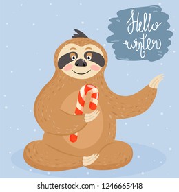 Christmas and Happy New Year card with sloth. Cute lazy sloth with candy cane. Vector illustration.