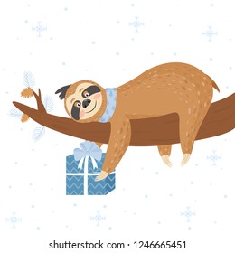 Christmas and Happy New Year card with sloth. Cute lazy sloth with gift. Animal lying on a branch. Vector illustration.