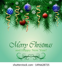 Christmas and happy New Year card of realistic-looking branches of a Christmas tree decorated with balls, stars and serpentine and snowflakes. Vector illustration.