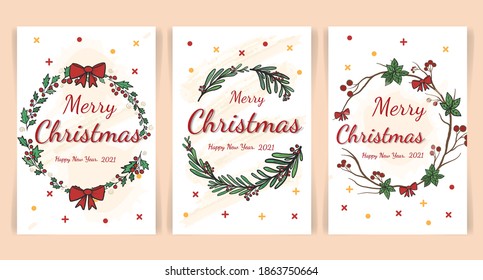 Christmas and Happy New Year Card template set. Hand drawn style  Vector design floral elements.