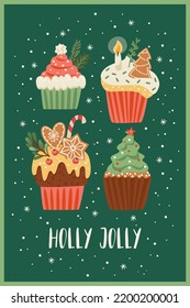 Christmas and Happy New Year card with christmas sweet. Trendy retro style. Vector design template.