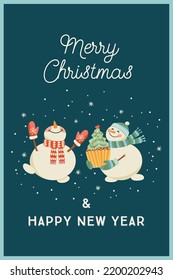 Christmas and Happy New Year card with snowmen. Trendy retro style. Vector design template.