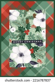 Christmas and Happy New Year card with white Christmas tree and flowers. Trendy retro style. Vector design template.