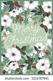 Christmas and Happy New Year card with white Christmas tree and flowers. Trendy retro style. Vector design template.