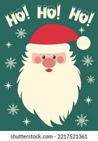 Christmas and Happy New Year card with a cute Santa Claus. Ho ho ho slogan inscription. Christmas Greeting Card. Vector design template. Cute illustrations with New Year symbols.