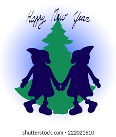 Christmas and Happy New Year card, vector illustration. Two dancing girl figures and spruce tree. Decorative winter design element.