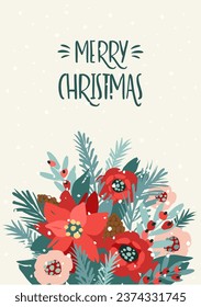 Christmas and Happy New Year card with bouquet. Trendy retro style. Vector design template.