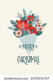 Christmas and Happy New Year card with bouquet. Trendy retro style. Vector design template.