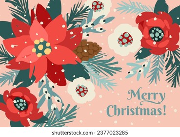 Christmas and Happy New Year card with Christmas tree and flowers. Trendy retro style. Vector design template.