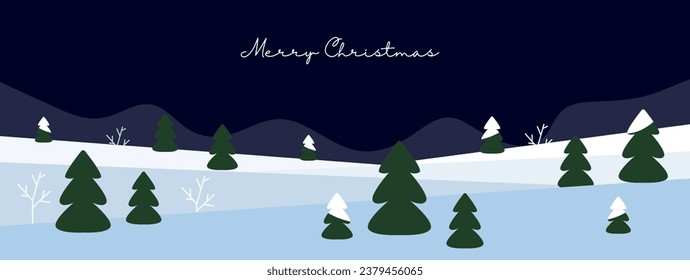 Christmas and Happy New Year  card. Winter forest  landscape, Christmas trees and  snow  on blue background.  Vector design template