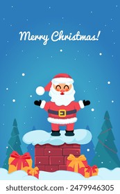 Christmas and Happy New Year card with cute Santa Claus. illustration cute smiling Santa Claus standing on a chimney, colourful wrapped gifts lying around in the snow, flat style 