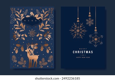 Christmas and Happy New Year Card Set. Vector illustrations for background, greeting card, Happy Holidays, season's greeting