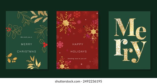 Christmas and Happy New Year Card set. Vector illustrations for background, greeting card, Happy Holidays, season's greeting