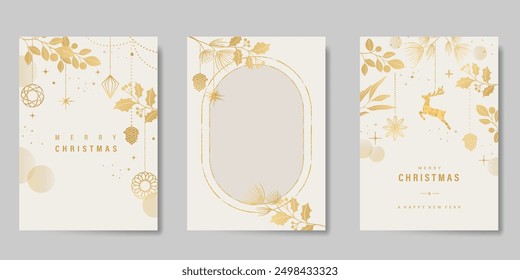 Christmas and Happy New Year card vector. Winter leaves branch, pinecone, bauble, reindeer with gold foil texture on white background. Illustration for cover, print, poster, invitation.