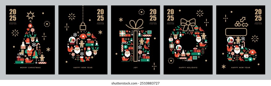 Christmas and Happy New Year card templates.Icons in abstract modern flat style.Winter poster set.Christmas tree, Christmas sock, berries, wreath and present.Season's greetings.Vector illustration.