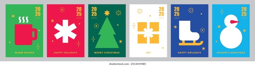 Navidades y Plantillas de tarjeta de feliz año Nuevo. Iconos en estilo plano moderno abstracto. Conjunto de póster de invierno. Árbol de Navidad, presente, copo de nieve y muñeco de nieve. Saludos de la temporada. Felices fiestas. Ilustración vectorial.