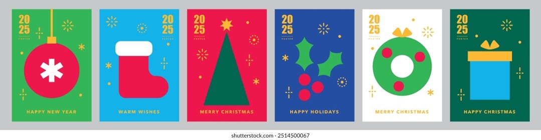 Christmas and Happy New Year card templates.Icons in abstract modern flat style.Winter poster set.Christmas tree, Christmas sock, berries, wreath and present.Season's greetings.Vector illustration.