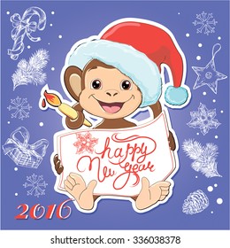 "Christmas and Happy New Year card funny monkey" for design