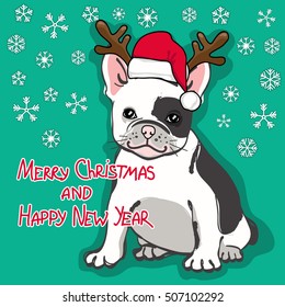 Christmas and Happy New Year card. Abstract card with cute french bulldog in santa hat and wishing text on green background. Vector illustration.