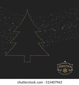 Christmas and Happy new year card or invitation, Golden christmas tree with stars light. Vector illustration.