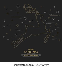 Christmas and Happy new year card or invitation, Golden reindeer modern thin line art style. Vector illustration.