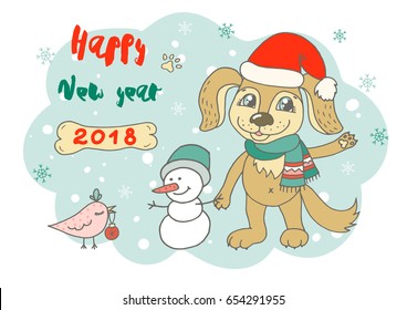 Christmas and Happy New year card with cute bird, snowman and doggy have on Santa Claus' hat and scarf. Funny illustration for your design in cartoon style. Dog symbol of Chinese New Year 2018.