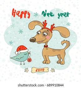 Christmas and Happy New year card with cute bird have on Santa Claus' hat and dog wearing deer horn rim and scarf. Funny illustration for your design in cartoon style. Symbol of Chinese New Year 2018.