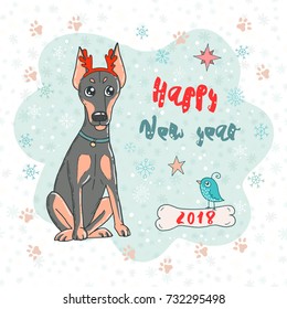 Christmas and Happy New year card with doberman dog wearing deer horn rim and cute bird. Funny illustration for your design in cartoon style. Dog is symbol of Chinese New Year 2018.
