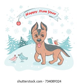 Christmas and Happy New year card with cute german shepherd puppy and bird. Funny illustration for your design in cartoon style. Dog Symbol of Chinese New Year 2018.