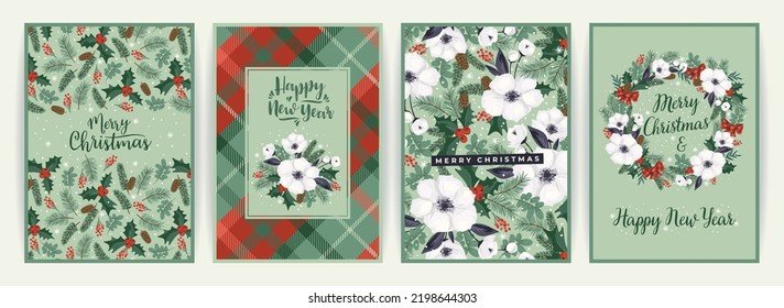 Navidad y tarjetas de Feliz Año Nuevo con árbol de Navidad y flores blancas. Plantilla de diseño de vectores.