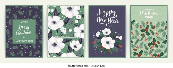 Christmas and Happy New Year cards with Christmas tree and white flowers. Vector design template.