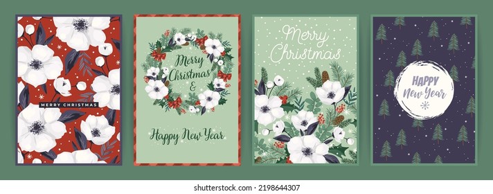Christmas and Happy New Year cards with Christmas tree and white flowers. Vector design template.